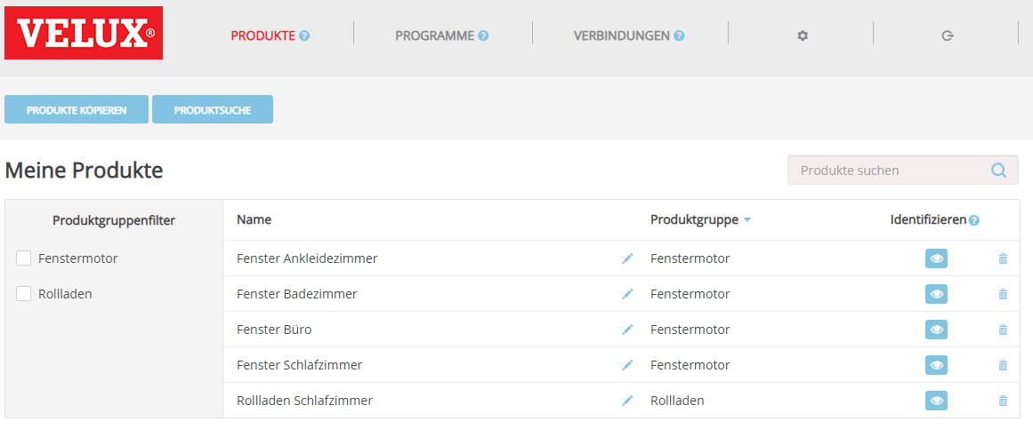 Screenshot of "My products" of the KLF-200 interface