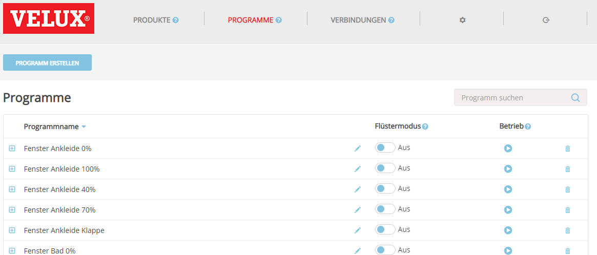 Screenshot of the program list