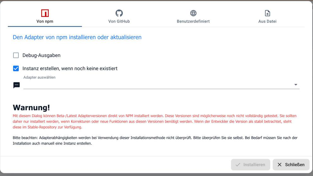 Der Dialog zum Installieren aus eigener Quelle