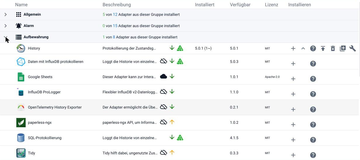 Die Listenansicht mit aufgeklappter Kategorie