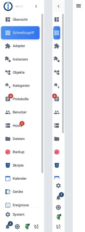 Die drei Zustaende der Menueleiste: beschriftet, nur Symbole, ausgeblendet