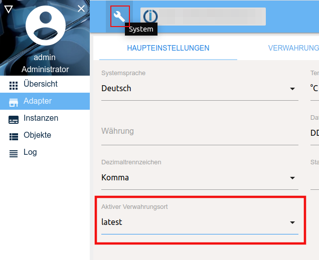 Verwahrungsort umschalten
