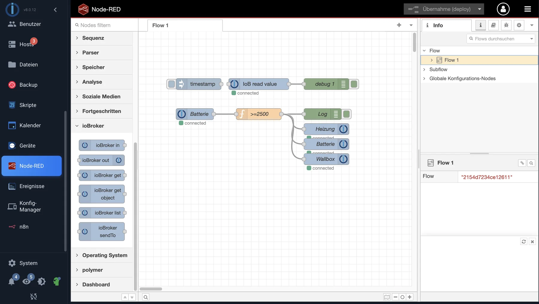 Der Node-RED-Editor mit einem Flow aus ioBroker-Knoten