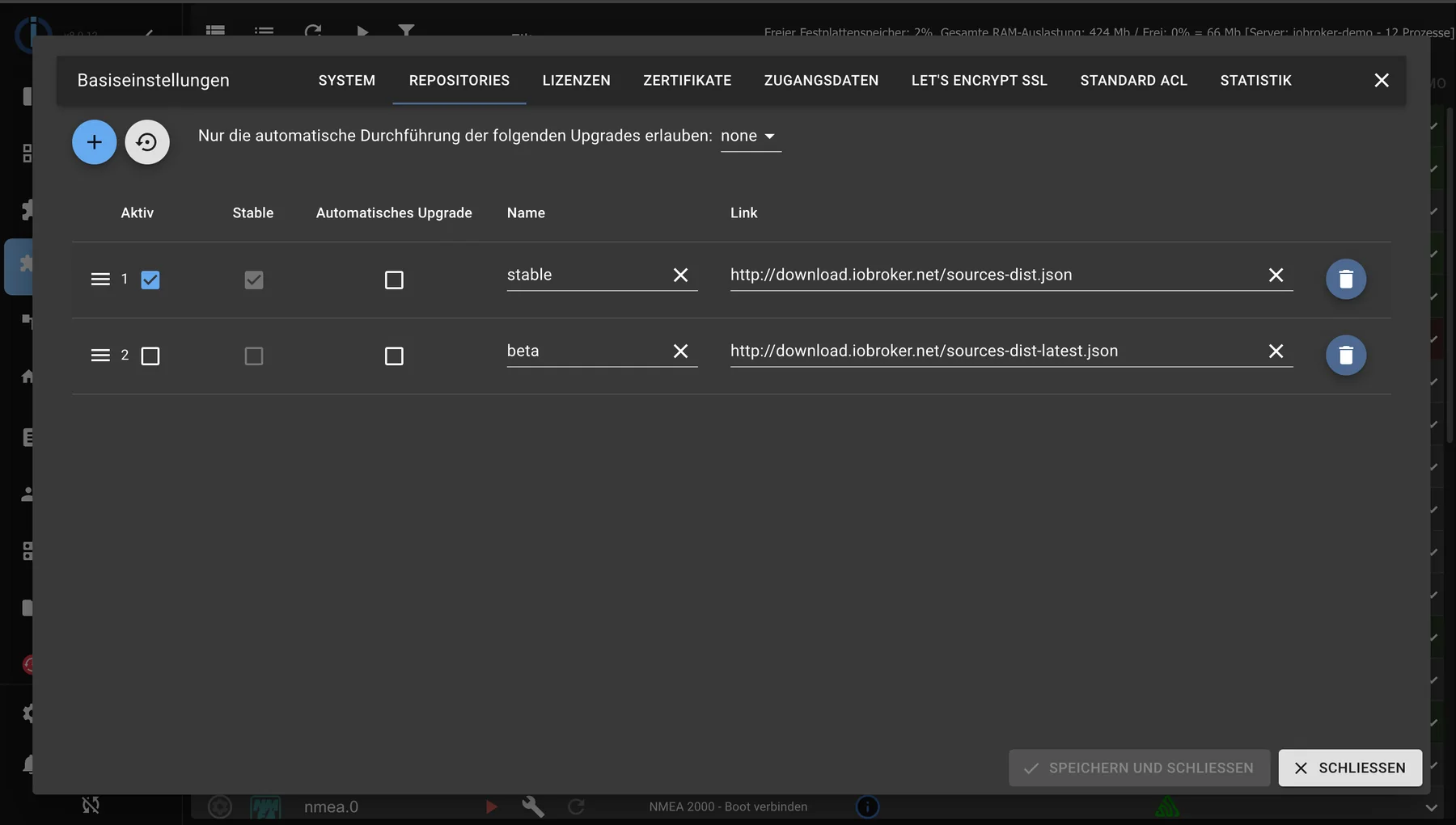 Die Repository-Liste in den Systemeinstellungen mit stable und beta