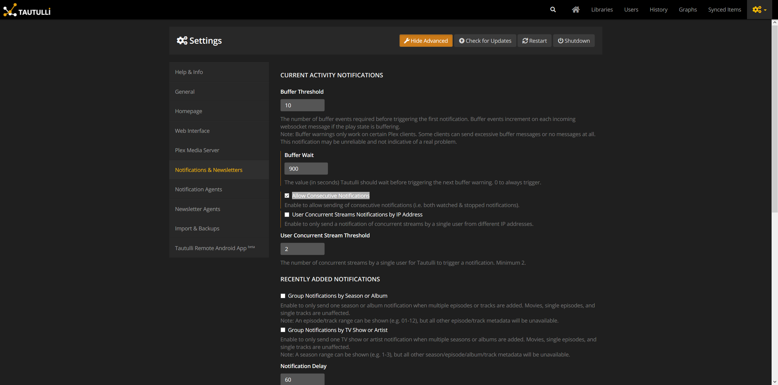 Tautulli Notification Settings