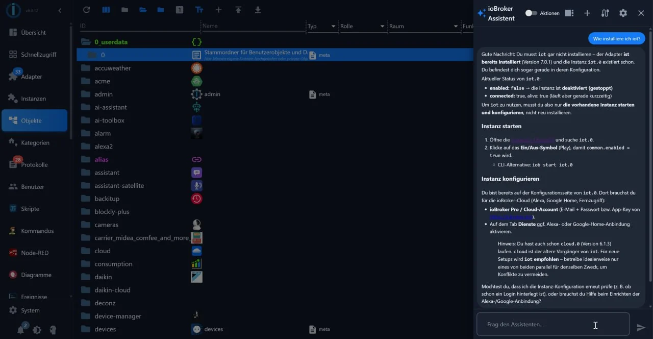 The assistant's open chat next to the object list in the admin
