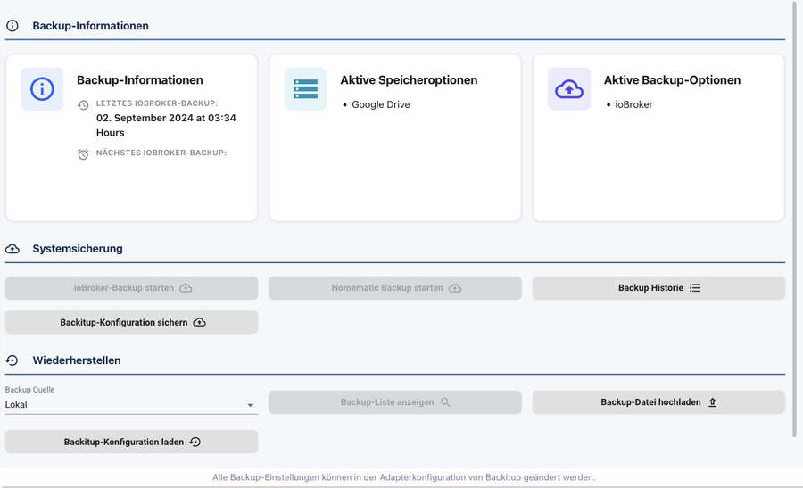 Der Reiter Backup mit Informationen, Systemsicherung und Wiederherstellen