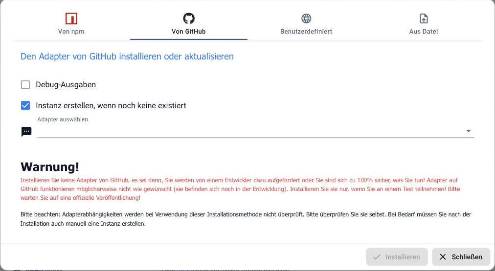 Der Dialog Installieren aus eigener Quelle, Reiter Von GitHub