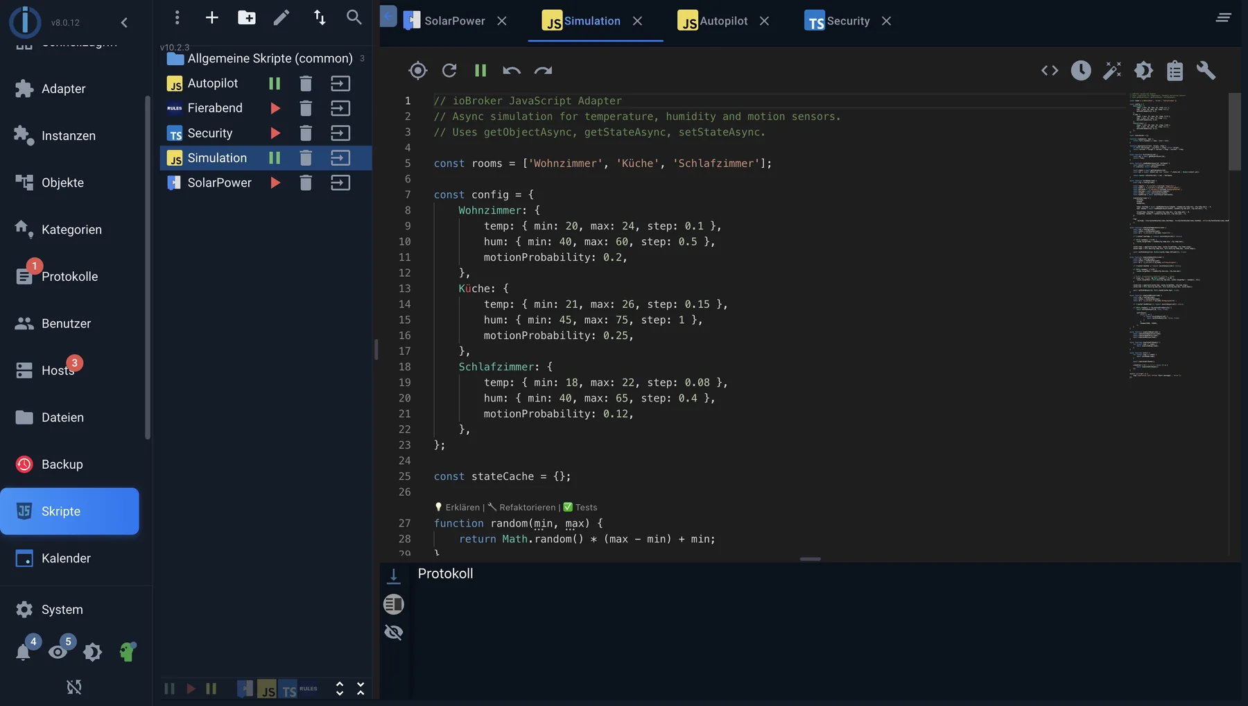 Der JavaScript-Editor im Reiter Skripte mit der Skriptliste links