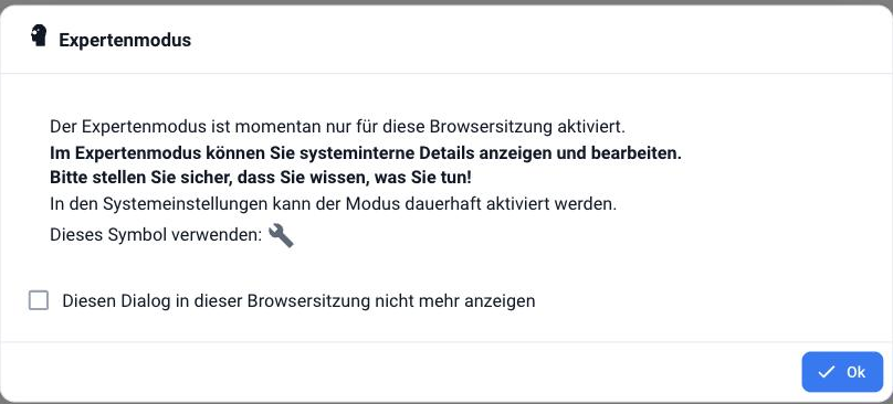 Der Hinweis beim Einschalten des Expertenmodus