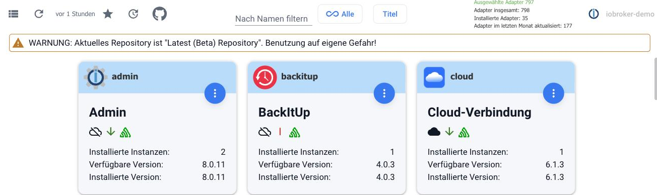 Die Warnung im Adapter-Reiter, wenn das Beta-Repository aktiv ist