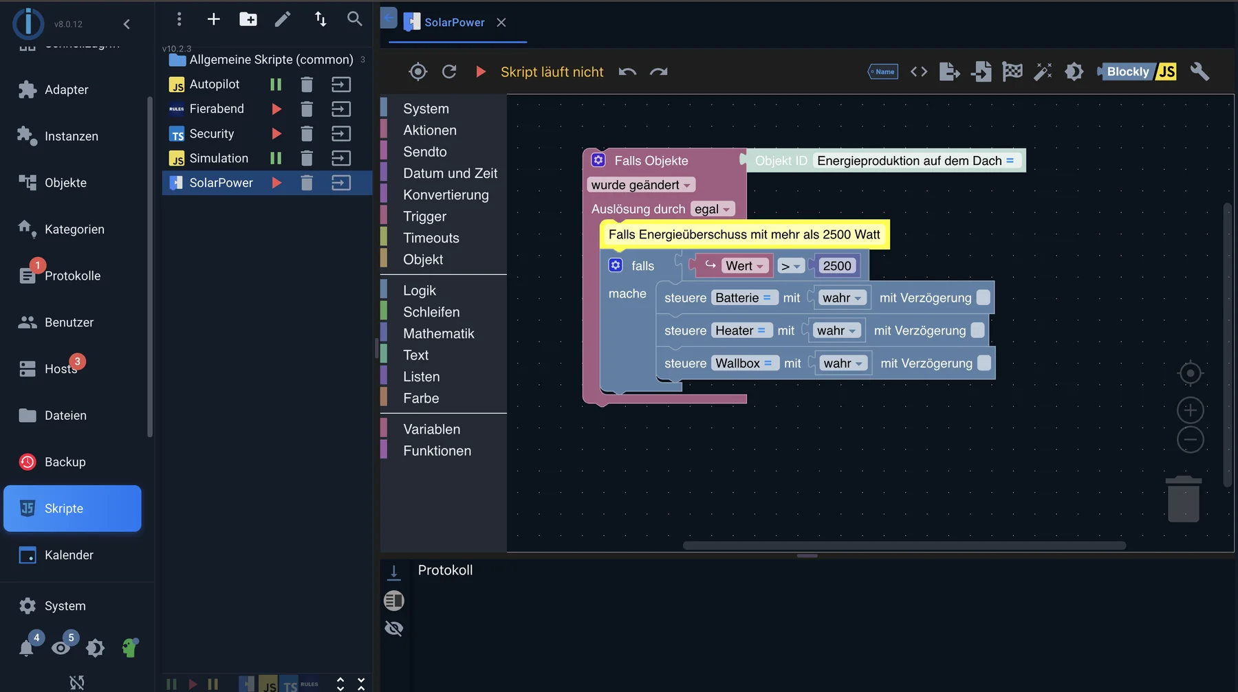 Der Blockly-Editor mit der Baustein-Palette links und einem Skript in der Arbeitsfläche